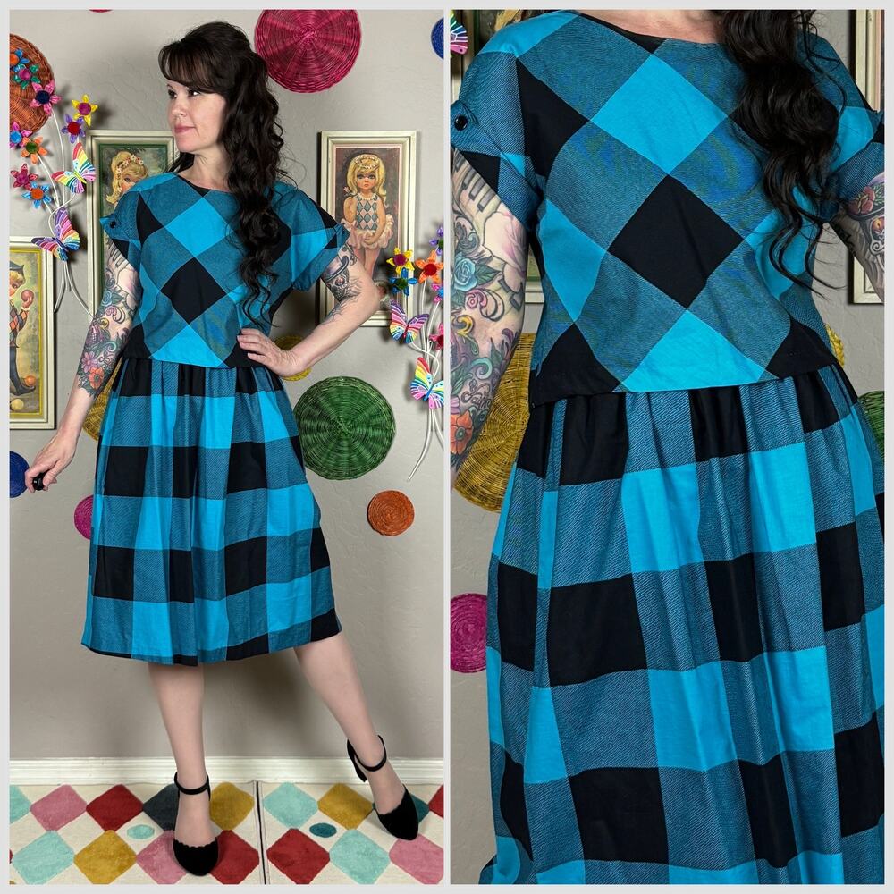 Vintage 1970s Blue and Black Buffalo Plaid Short Sleeve Midi Dress Set